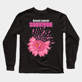 Pink Ribbon Daisy Floral Breast Cancer Survivor Long Sleeve T-Shirt